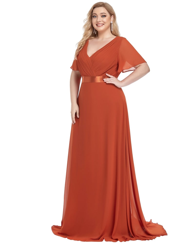 Front of a model wearing a size 14 Long Chiffon Empire Waist Bridesmaid Dress with Short Flutter Sleeves in Burnt Orange by Ever-Pretty. | dia_product_style_image_id:329474